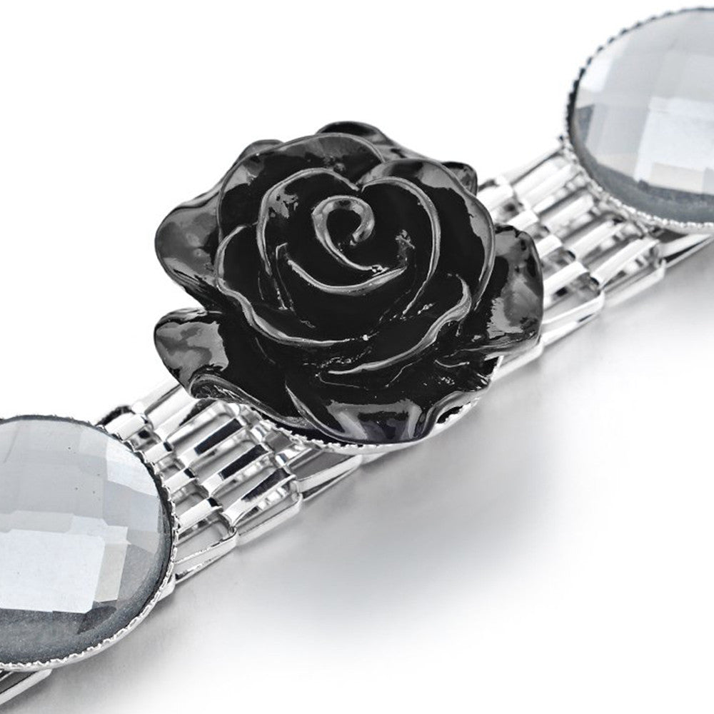 Diamante Waist Belt with Flower Charms - Black