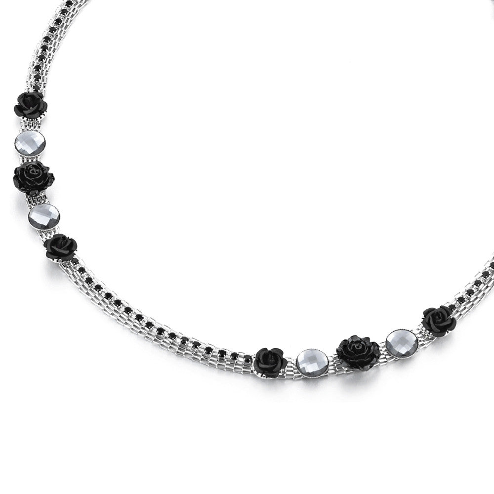 Diamante Waist Belt with Flower Charms - Black