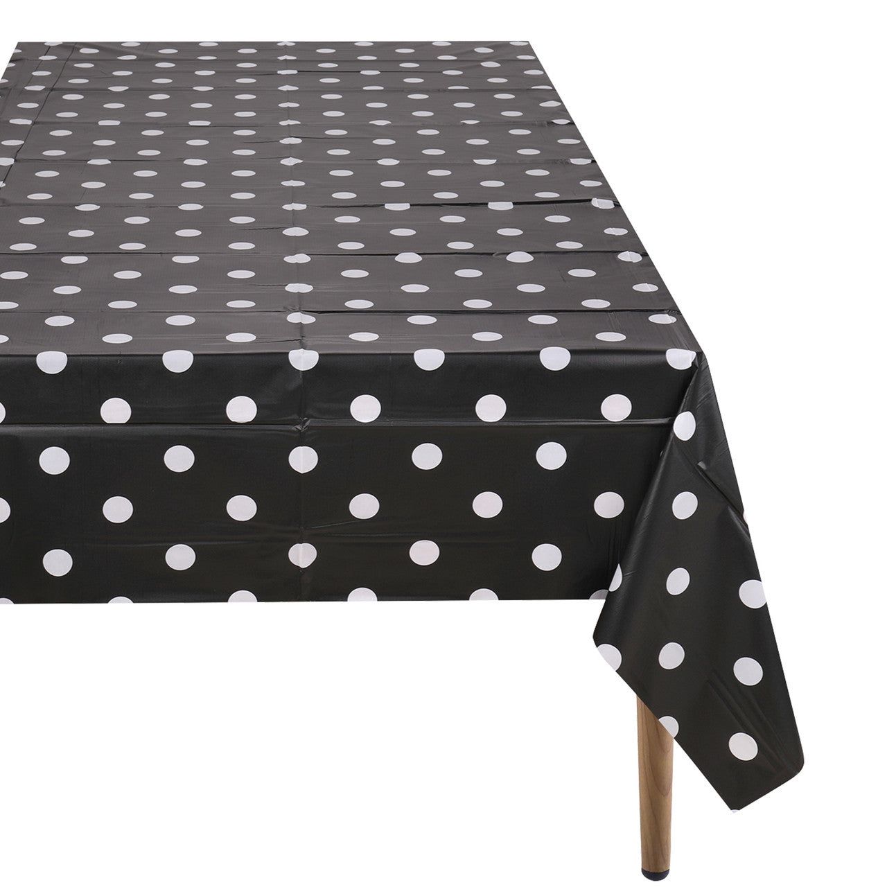 Rectangular Plastic Disposable Tablecloth - Black - White Polka Dot Print