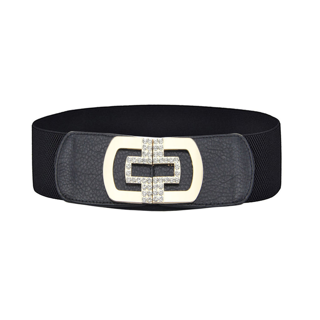 Elasticated Belt with Cross Diamante Buckle - Black