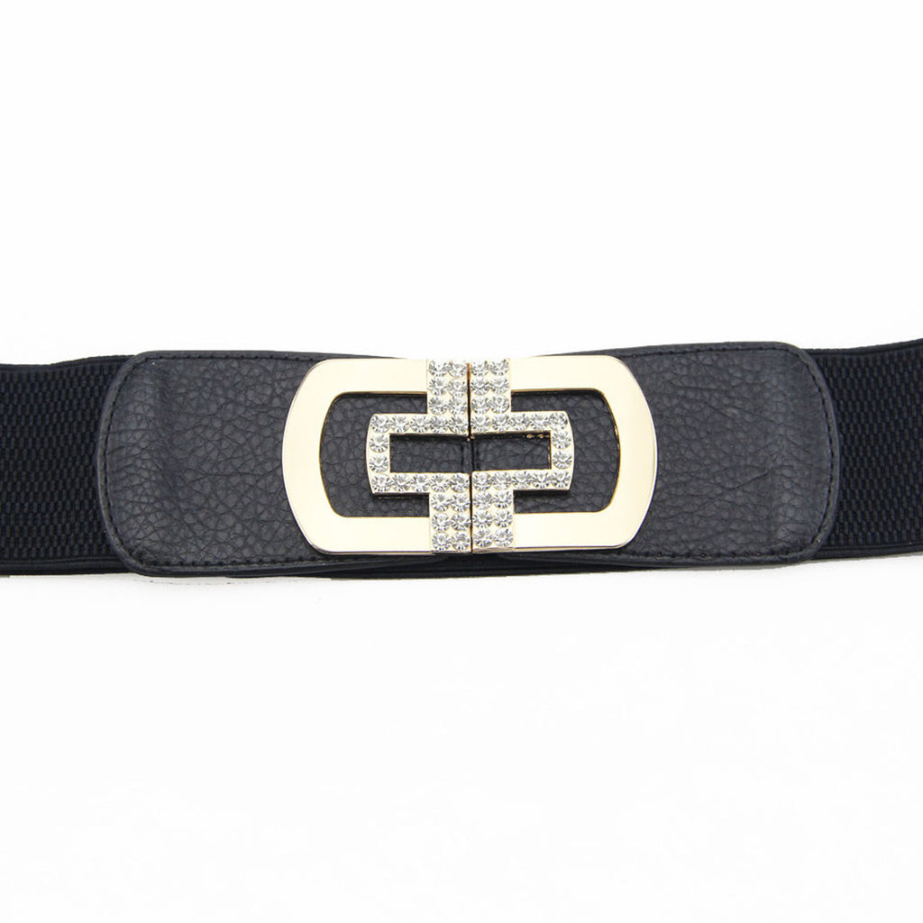 Elasticated Belt with Cross Diamante Buckle - Black