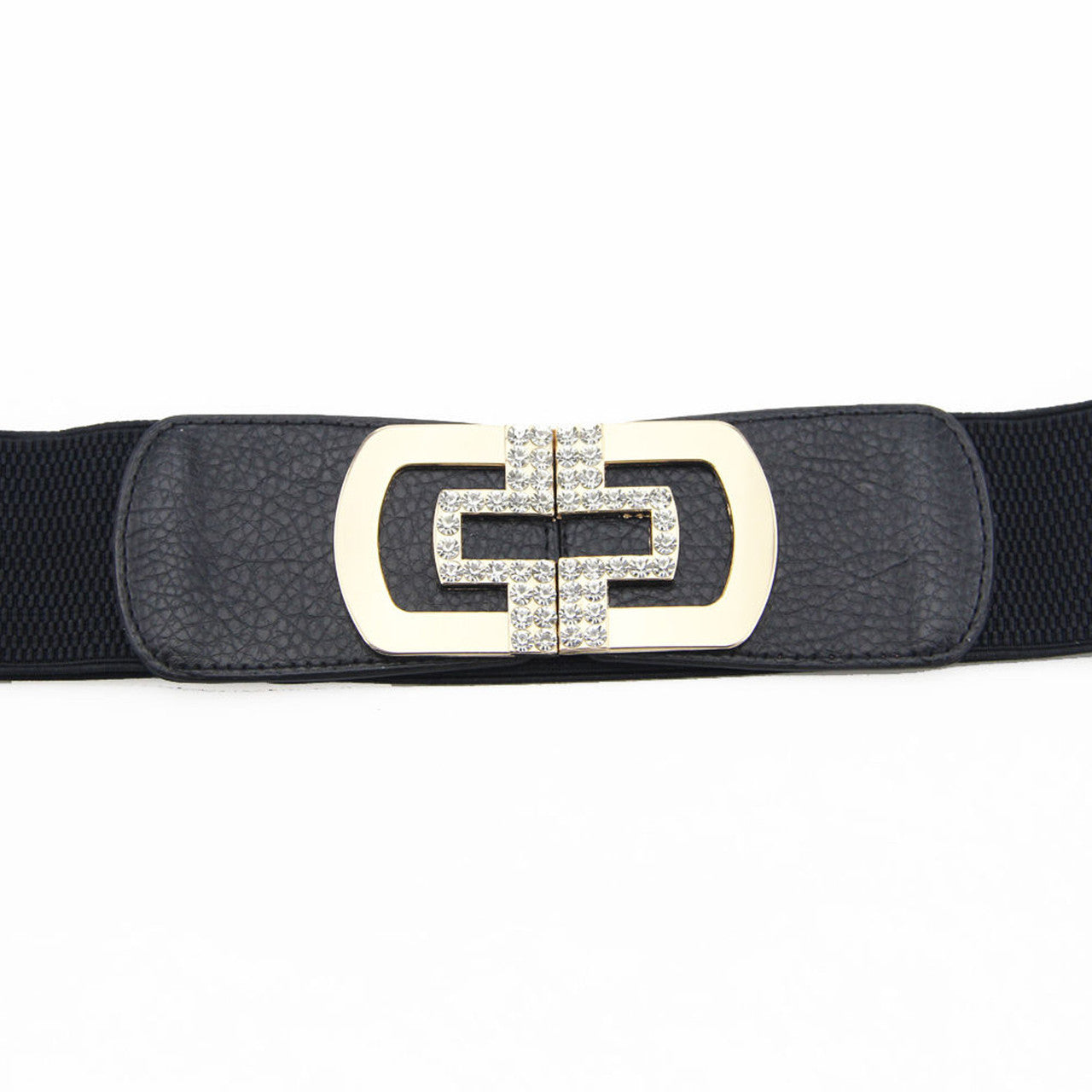 Elasticated Belt with Cross Diamante Buckle - Black