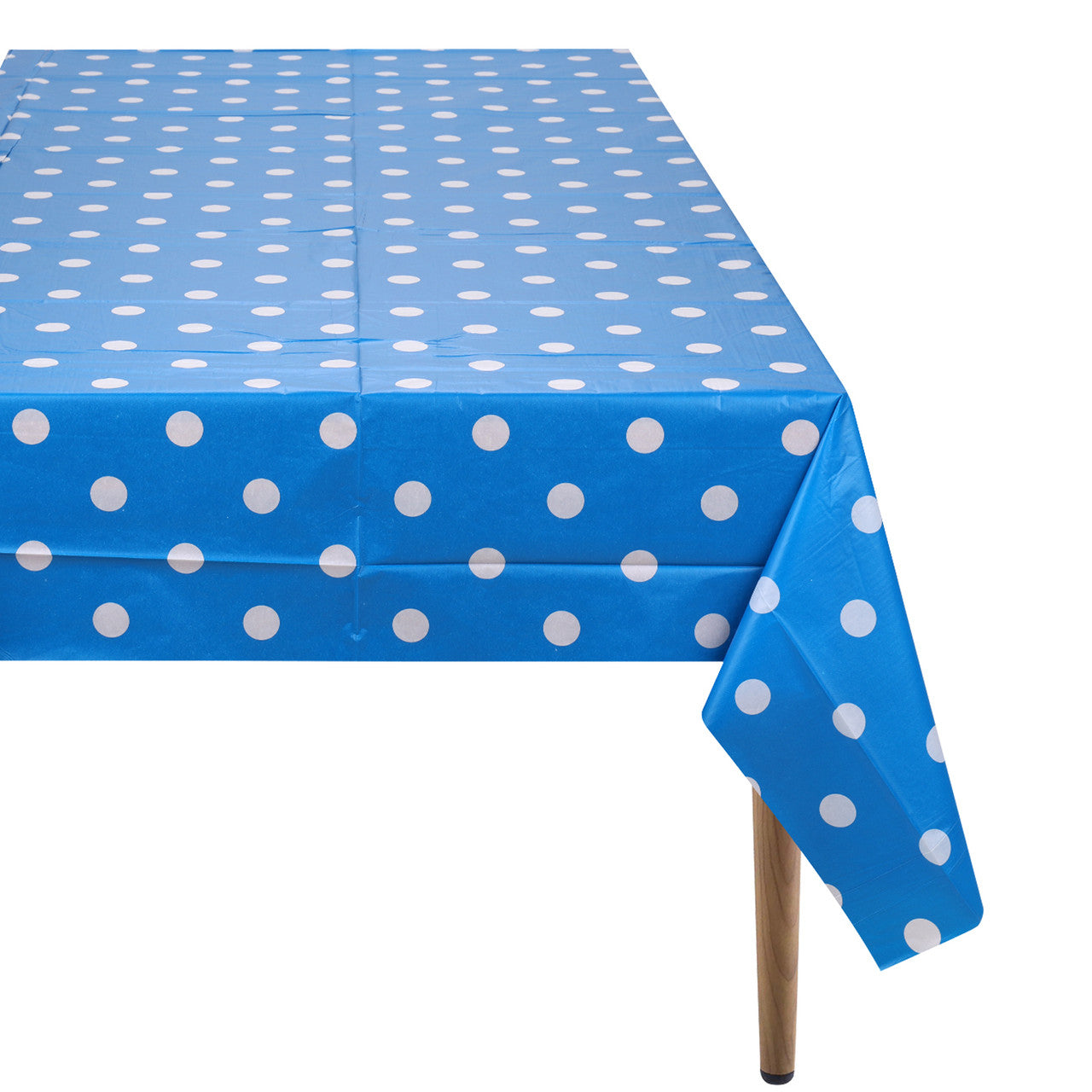 Rectangular Plastic Disposable Tablecloth - Blue - White Polka Dot Print