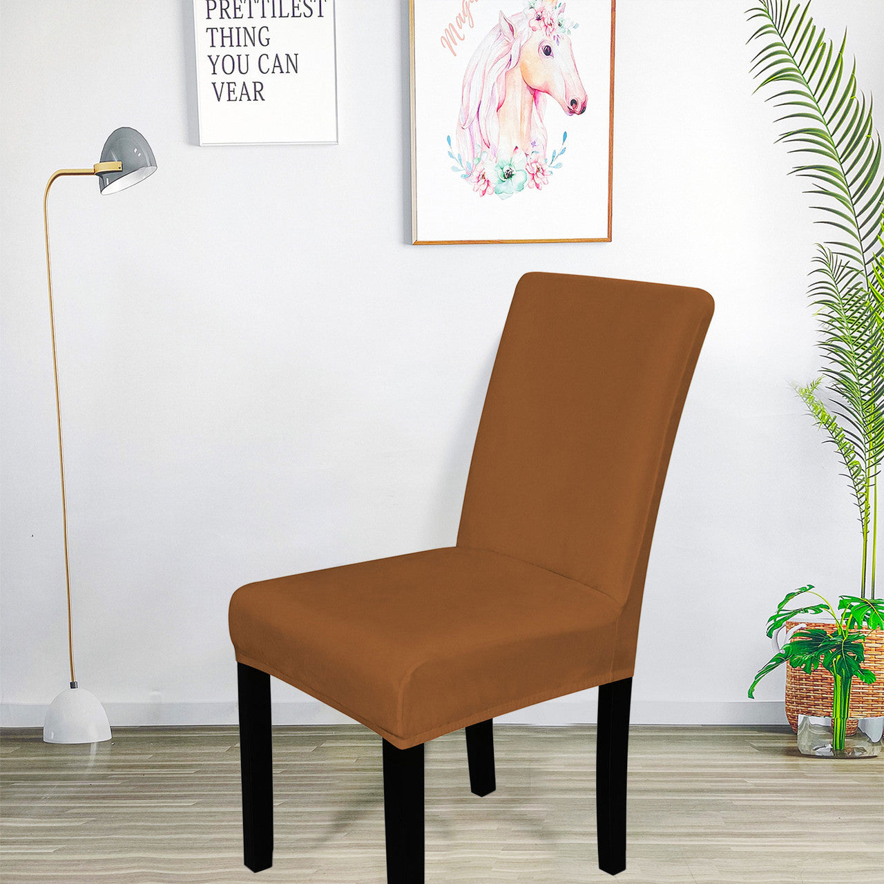 Short Velvet-Touch Spandex Chair Cover - Brown Tan