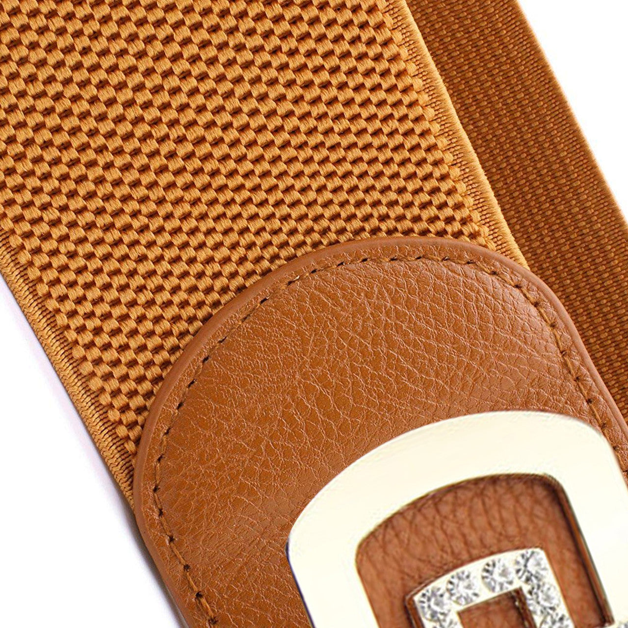 Elasticated Belt with Cross Diamante Buckle - Brown