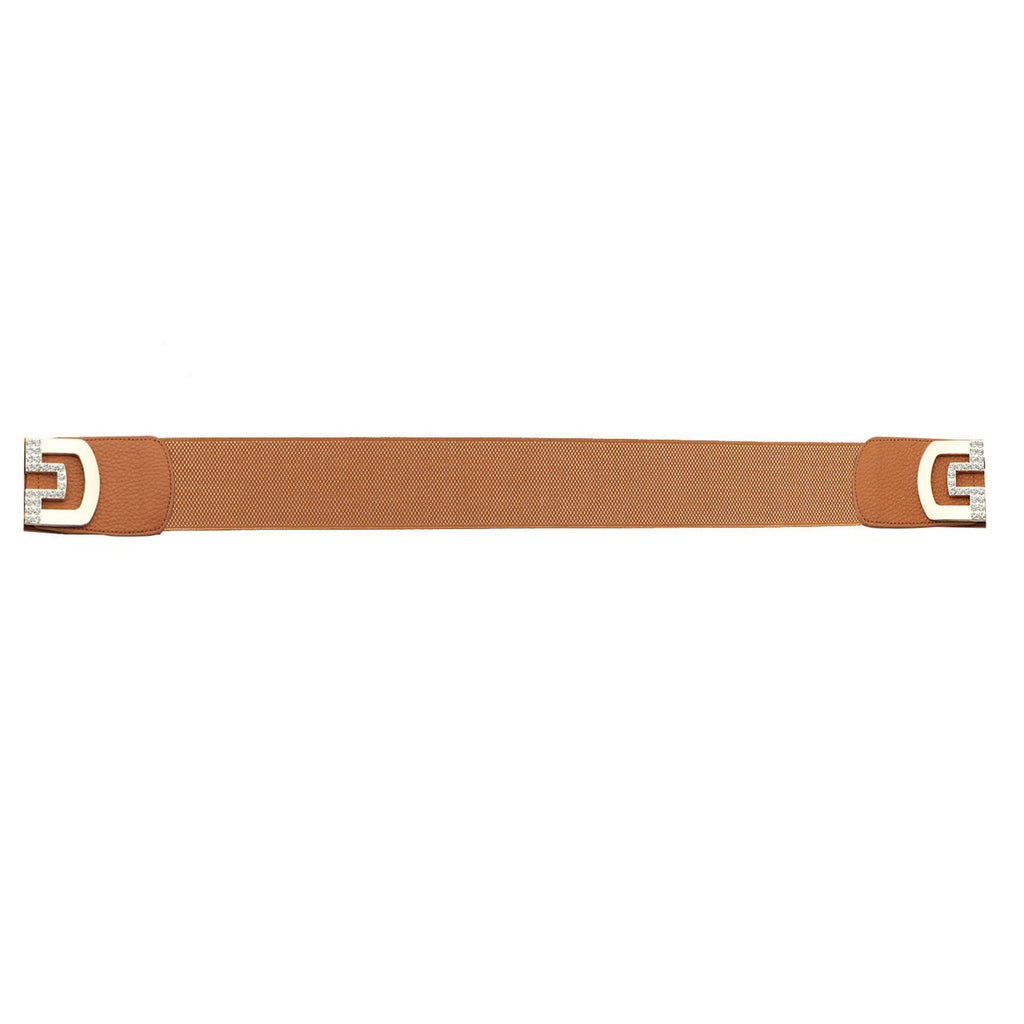 Elasticated Belt with Cross Diamante Buckle - Brown