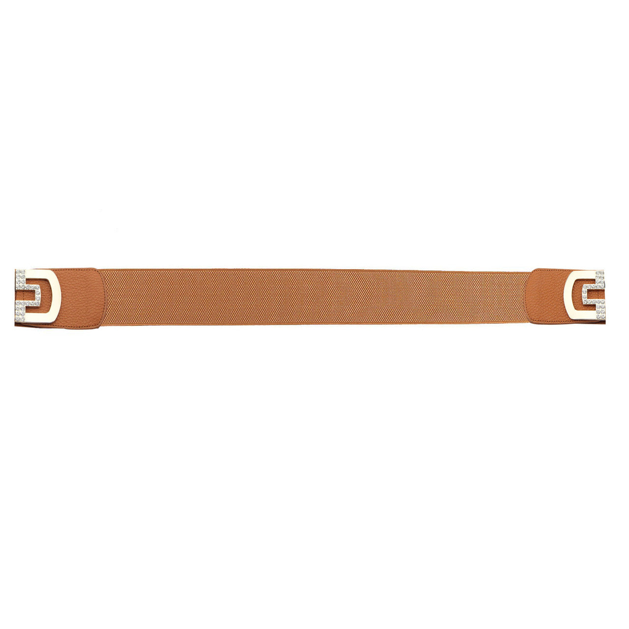 Elasticated Belt with Cross Diamante Buckle - Brown