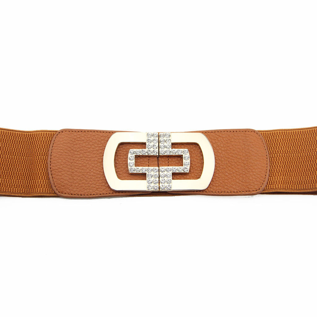 Elasticated Belt with Cross Diamante Buckle - Brown