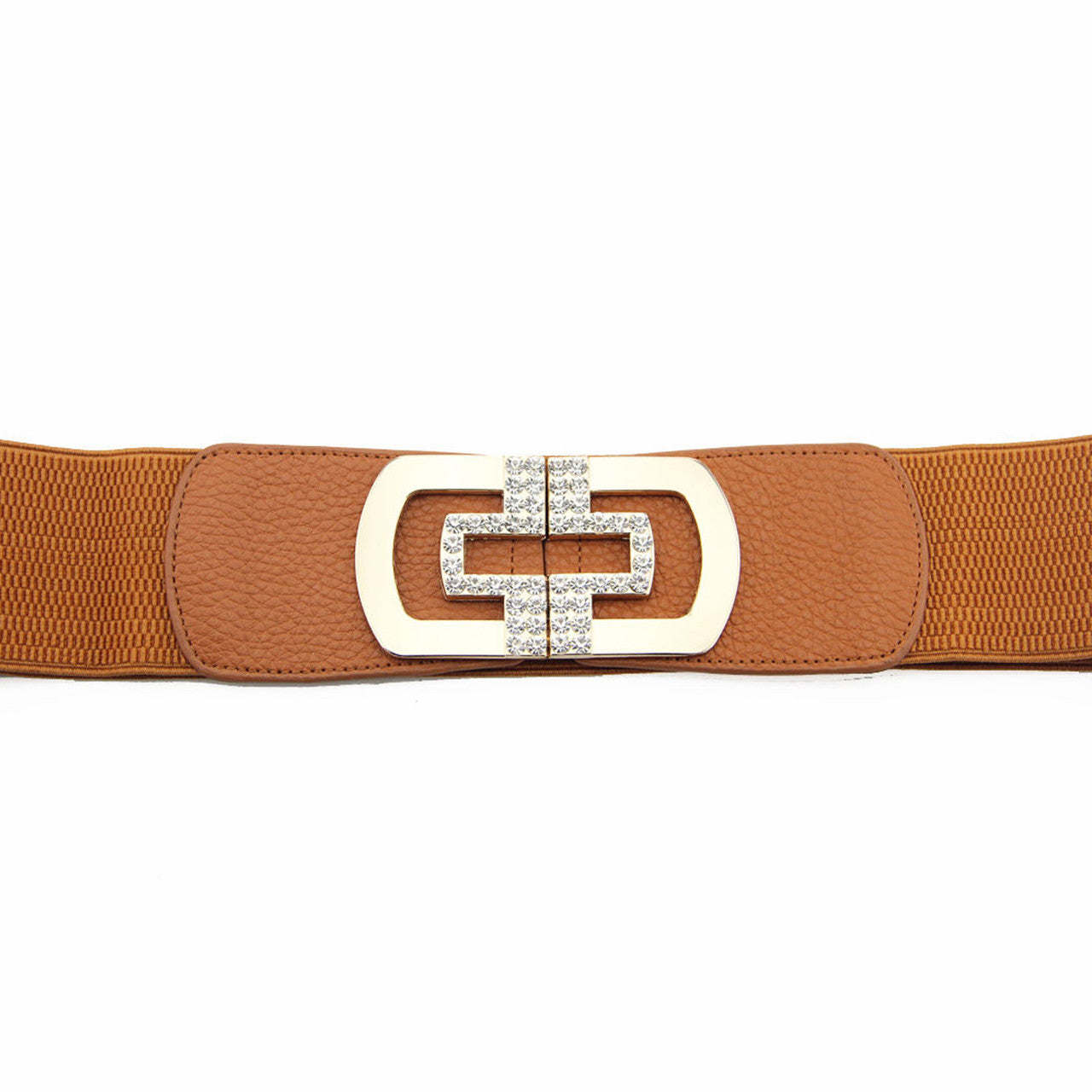 Elasticated Belt with Cross Diamante Buckle - Brown