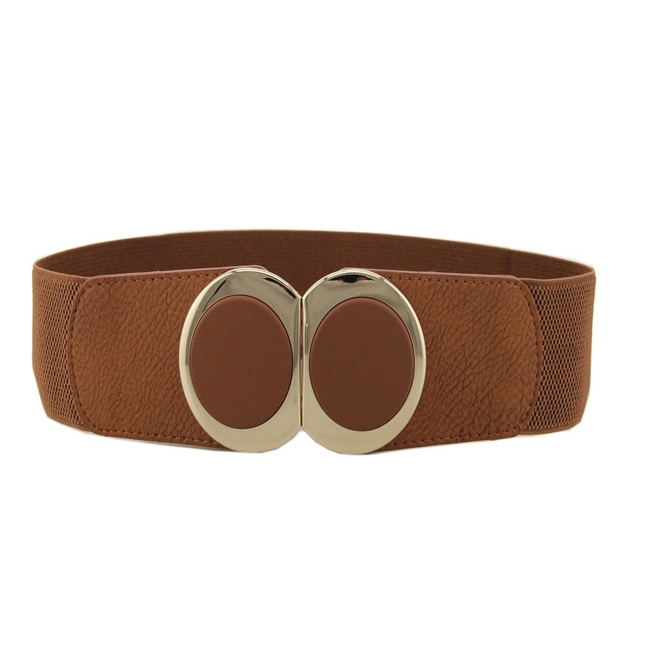 Elasticated Belt with Oval Buckle - Brown