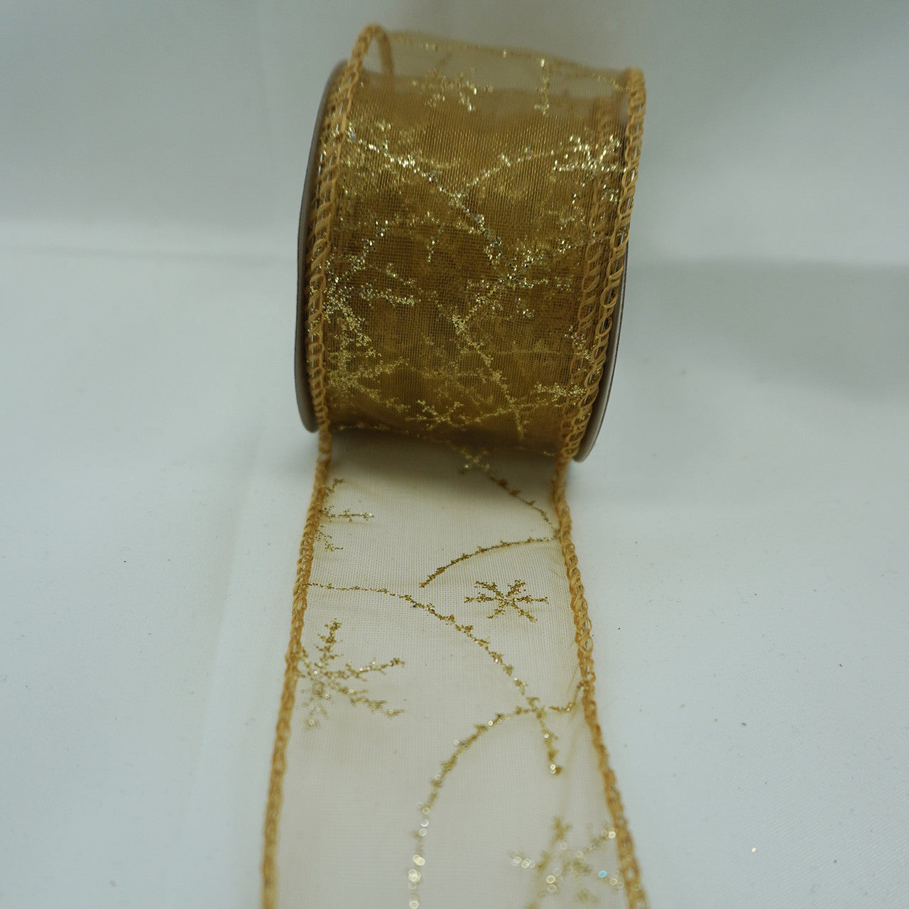 50mm x 10m Glitter Ribbon - Snowflake Gold