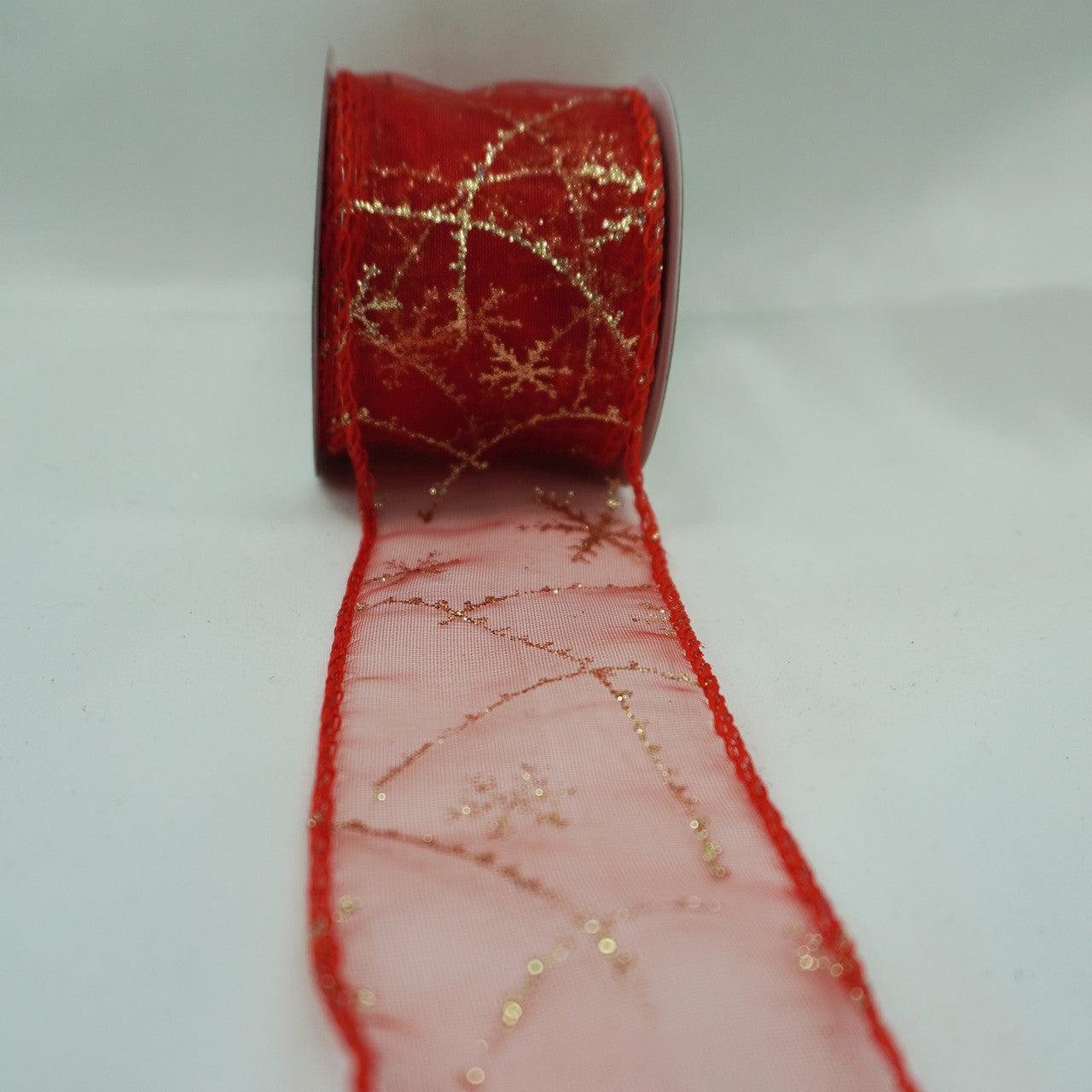 50mm x 10m Glitter Ribbon - Snowflake Red