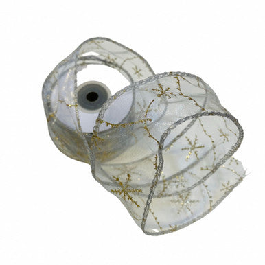 50mm x 10m Glitter Ribbon - Snowflake Silver