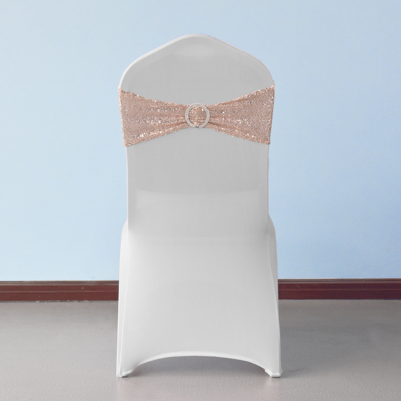Sparkling Sequin Chair Bands with Diamante Buckle  Rose Gold