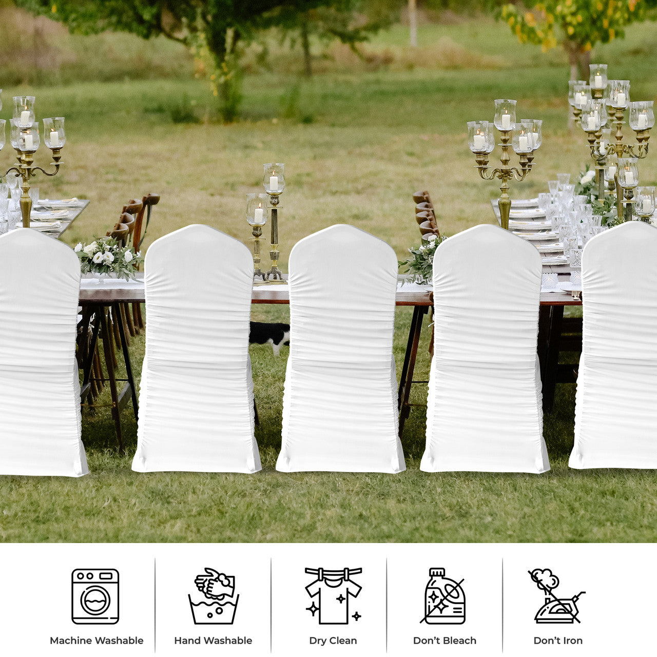 White Polyester Stretchable Chair Covers with Ruched Spandex