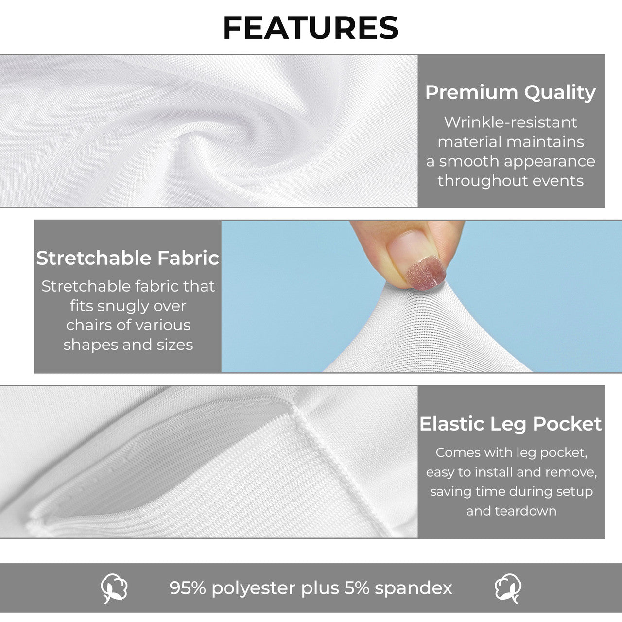 White Polyester Stretchable Chair Covers with Ruched Spandex