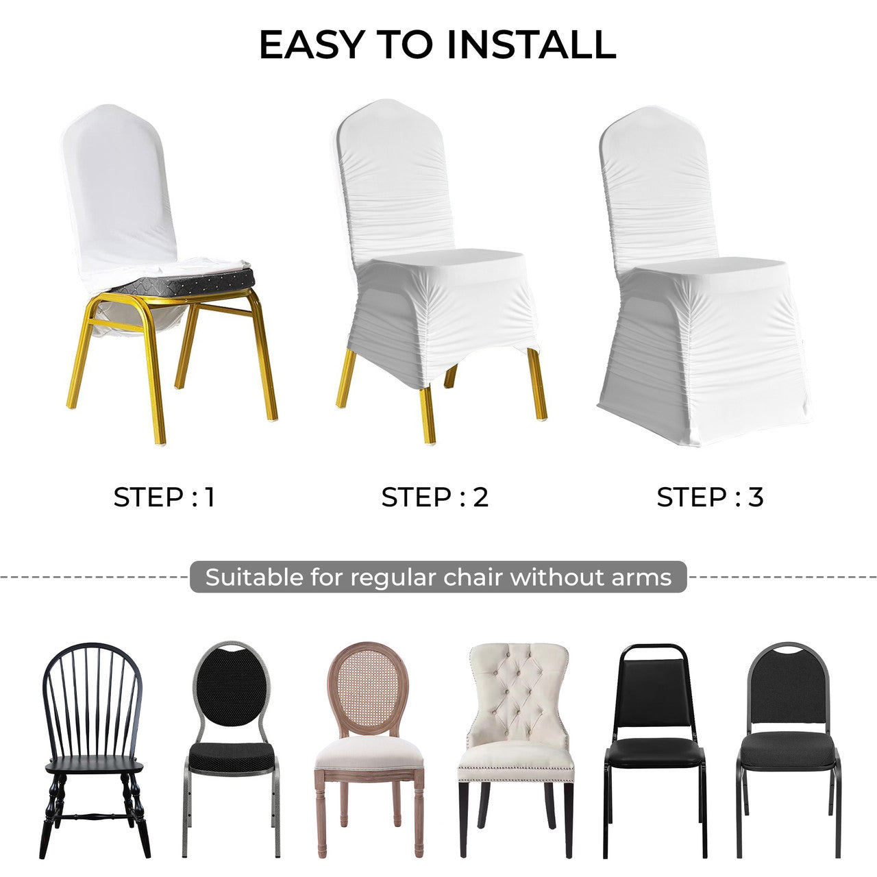 White Polyester Stretchable Chair Covers with Ruched Spandex
