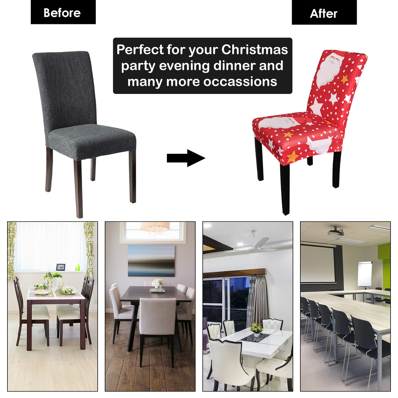 Short Spandex Christmas Themed Chair Cover - Santa Claus & Snowflakes