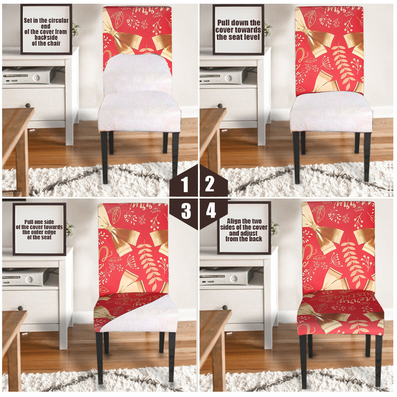 Short Spandex Christmas Themed Chair Cover - Bows & Leaves