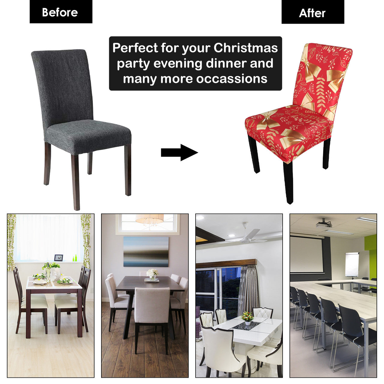 Short Spandex Christmas Themed Chair Cover - Bows & Leaves