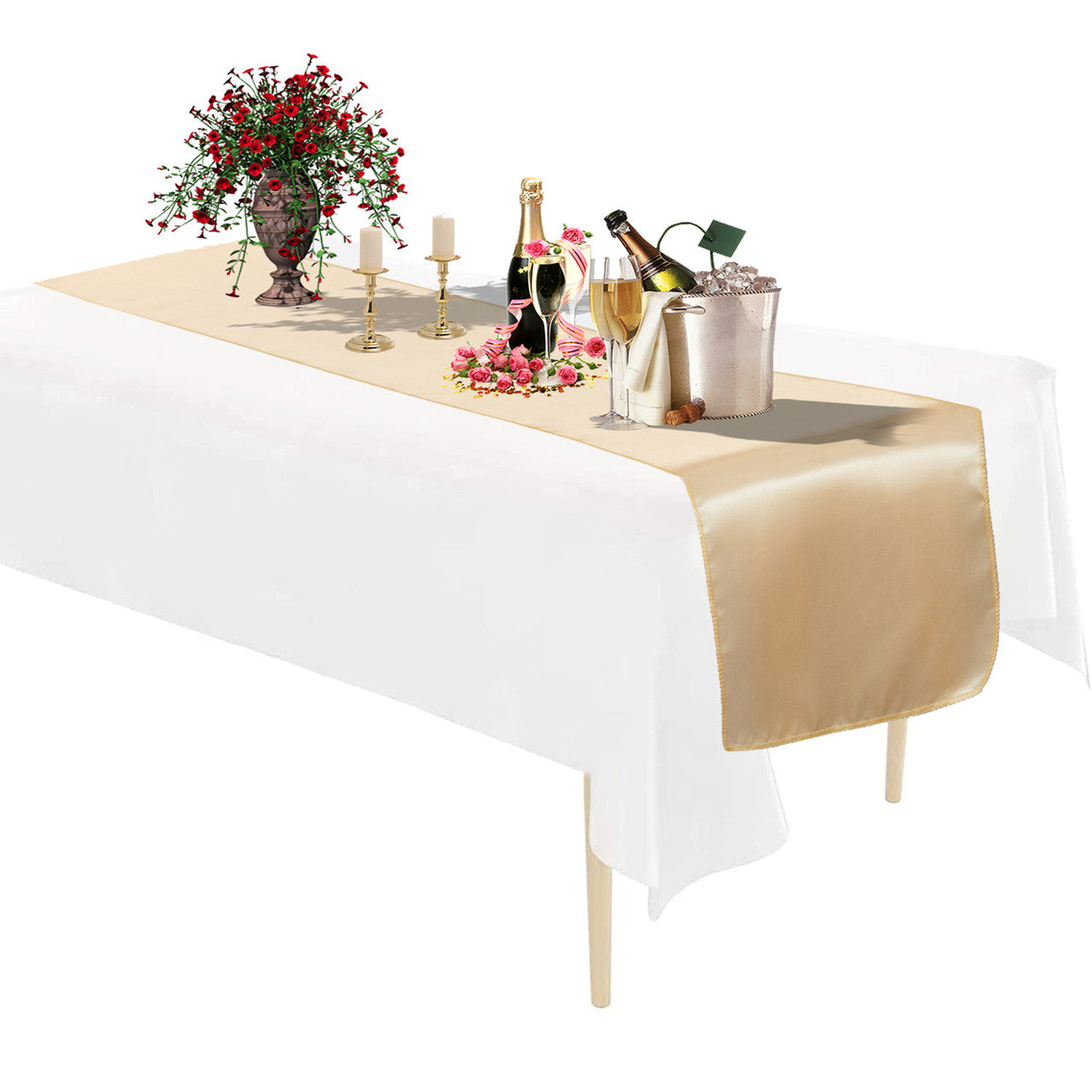 Plastic Tablecloth and Satin Table Runner Set - White & Champagne