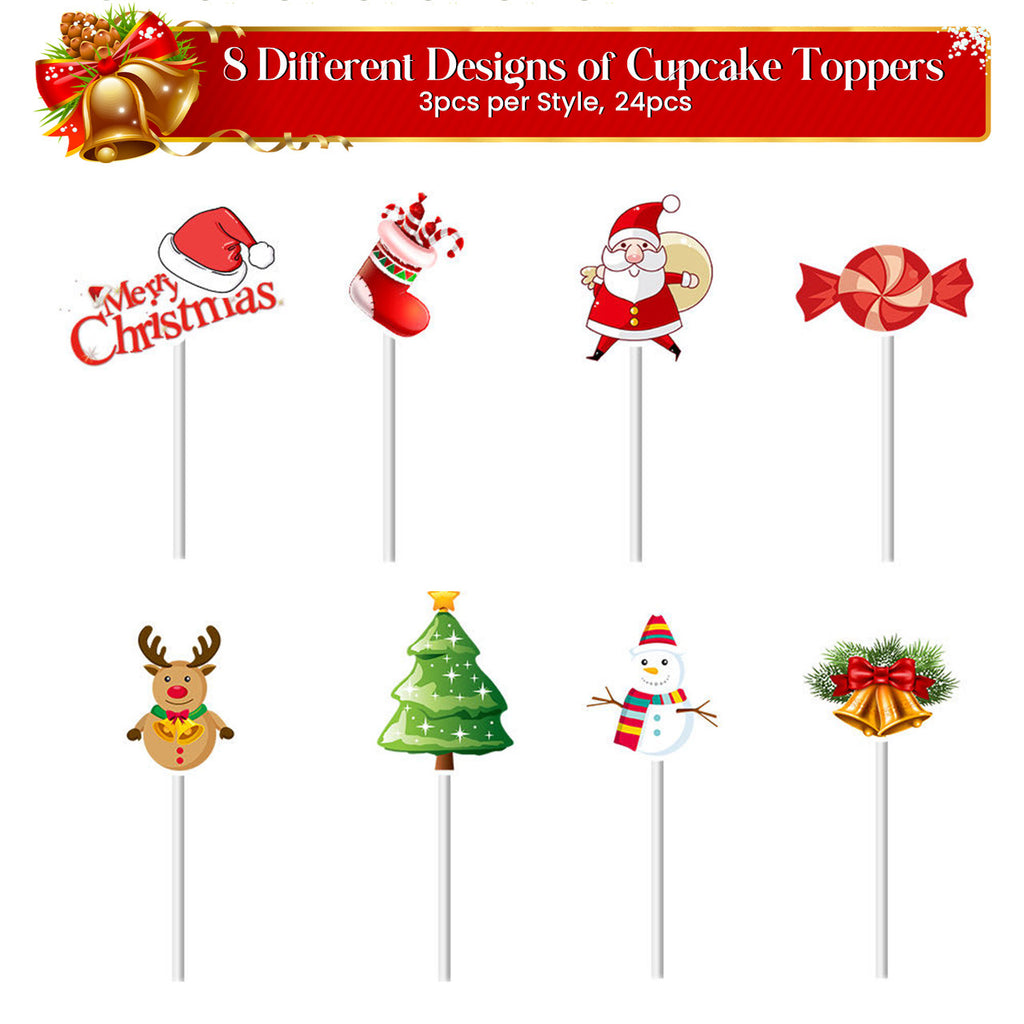 Merry Christmas Cake Toppers - 24pcs