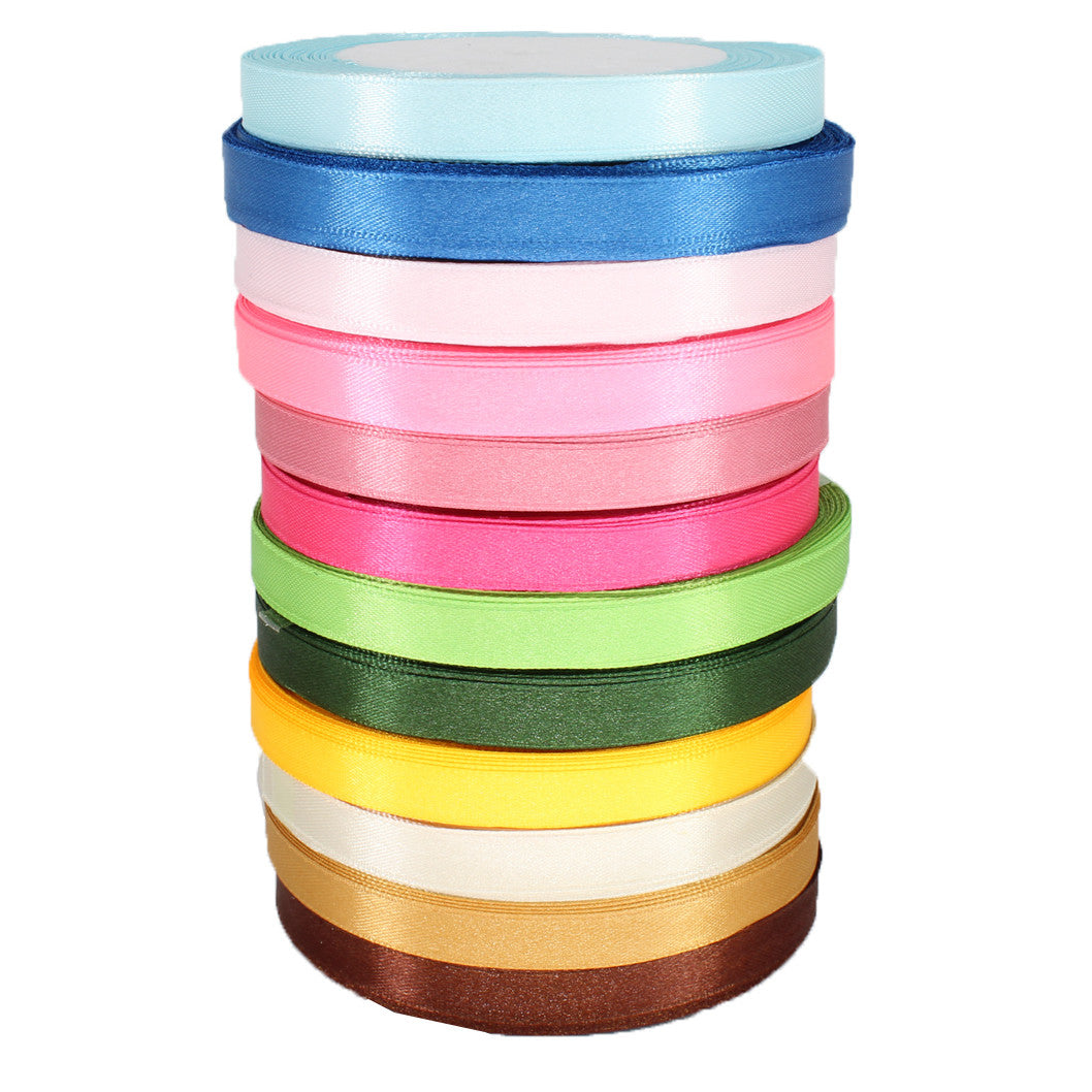 10mm Double Sided Satin Ribbon Bundles, 12 x 25m Rolls - Mixed Colours