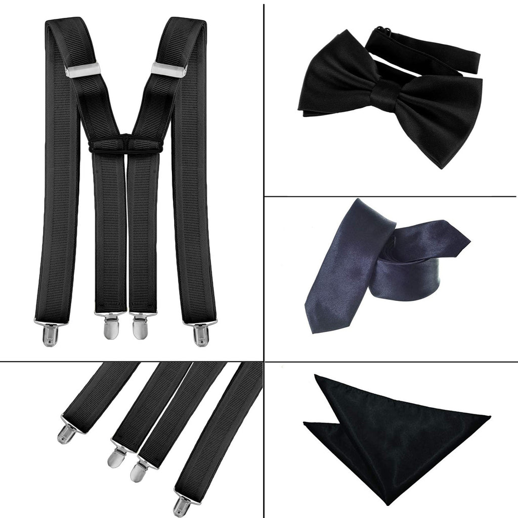 Black Handkerchief, Bow Tie, Neck Tie & Brace Set