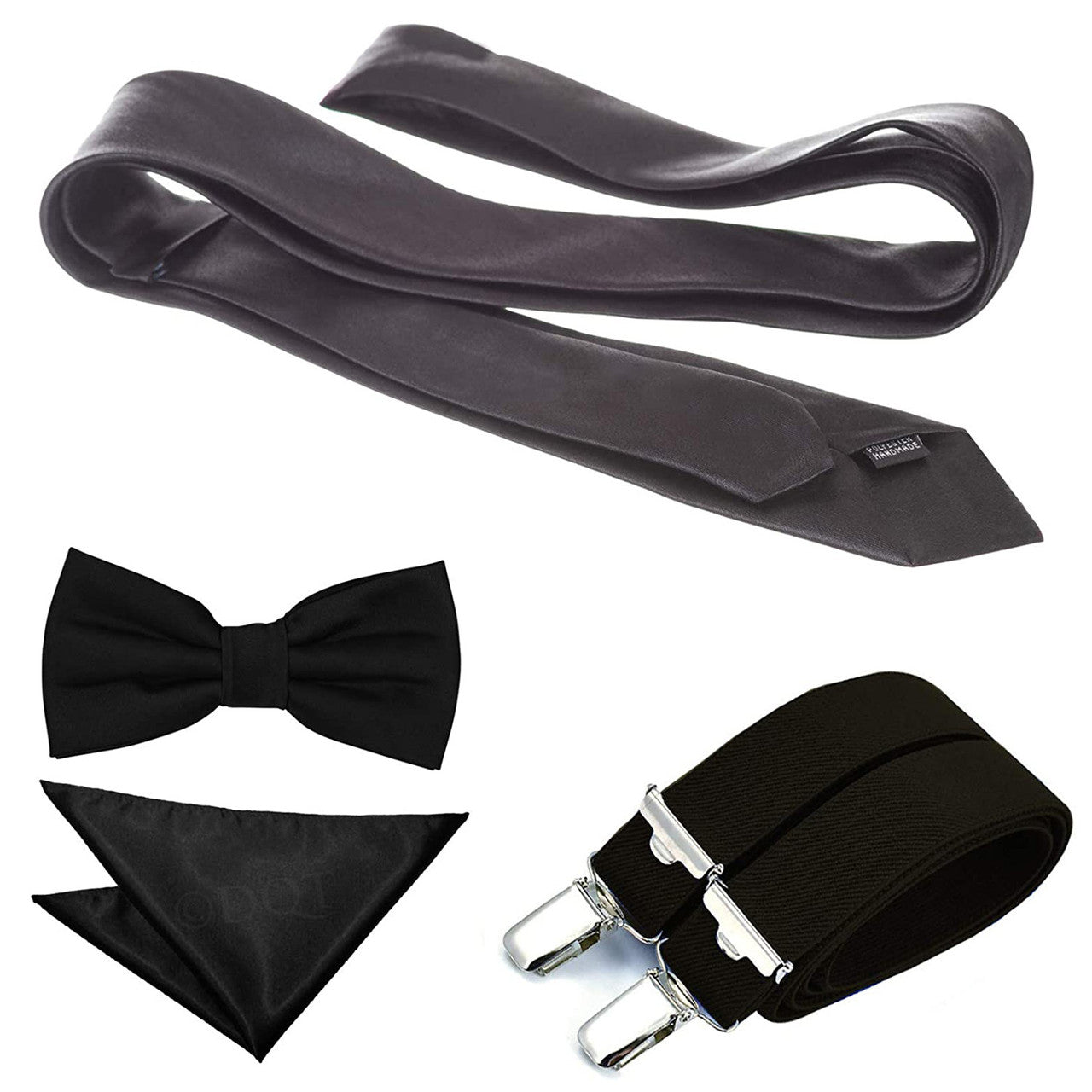 Black Handkerchief, Bow Tie, Neck Tie & Brace Set