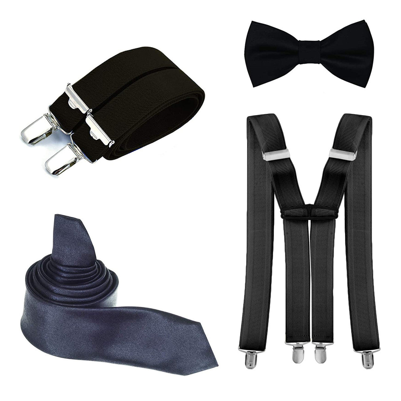Black Handkerchief, Bow Tie, Neck Tie & Brace Set