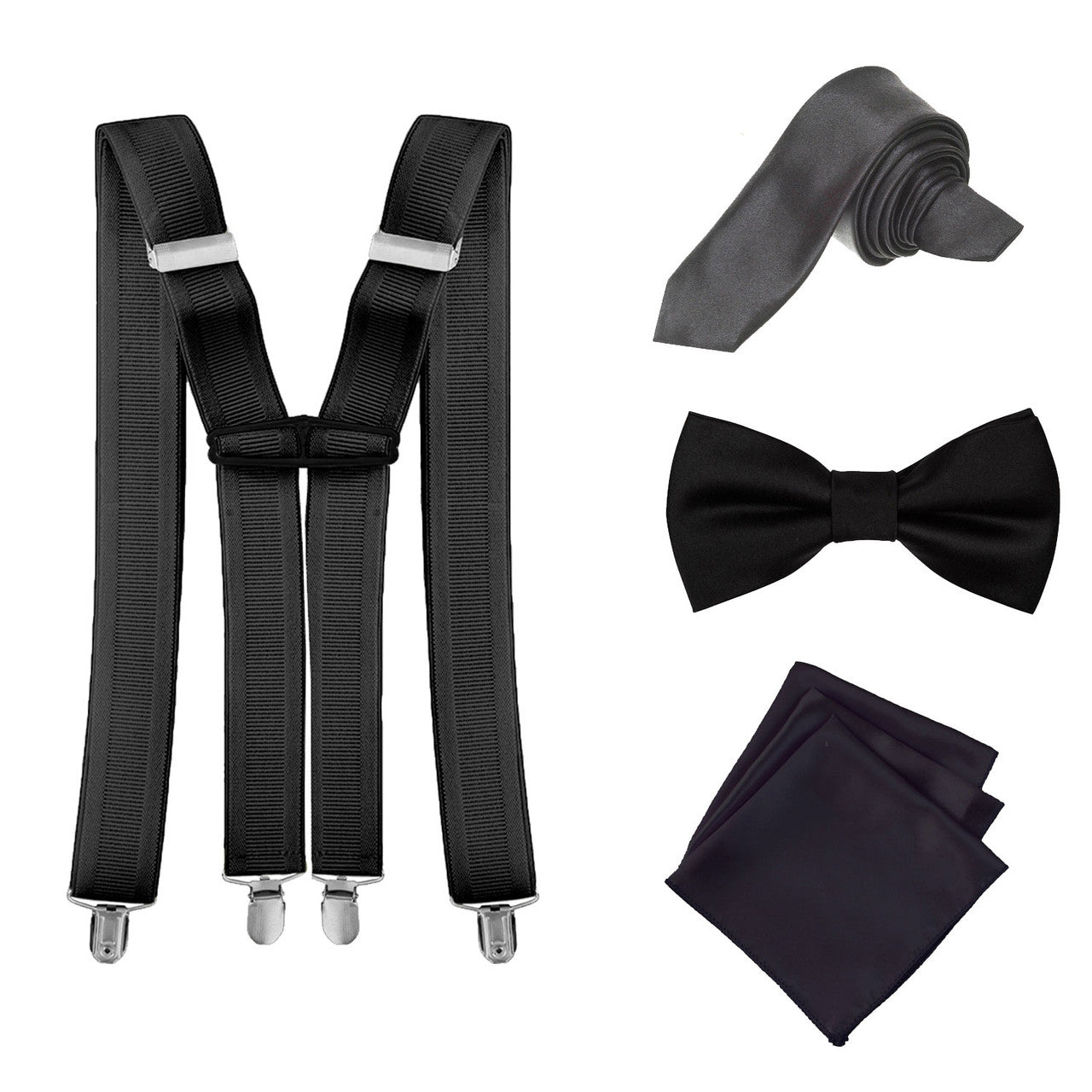 Black Handkerchief, Bow Tie, Neck Tie & Brace Set