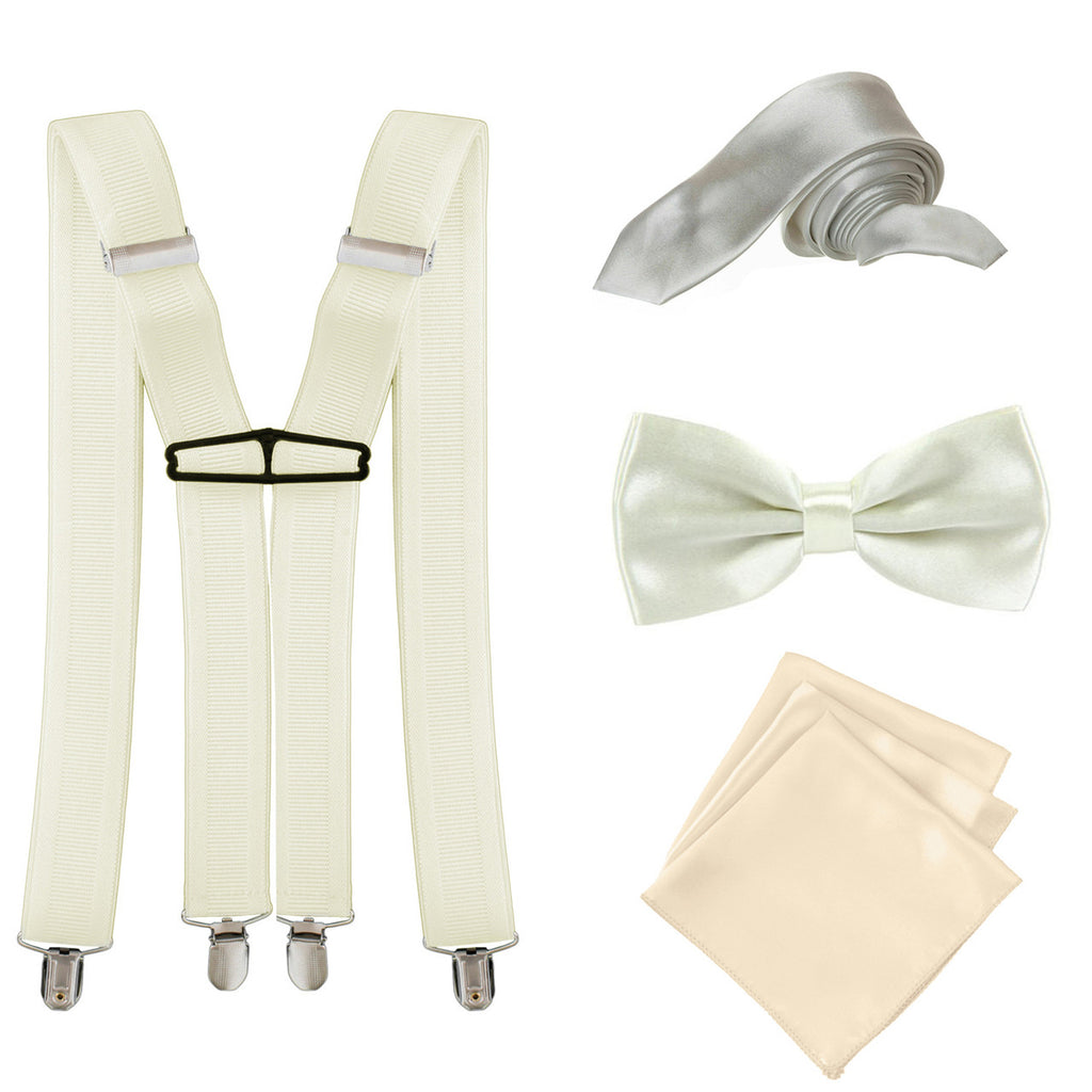 Beige Handkerchief, Bow Tie, Neck Tie & Brace Set