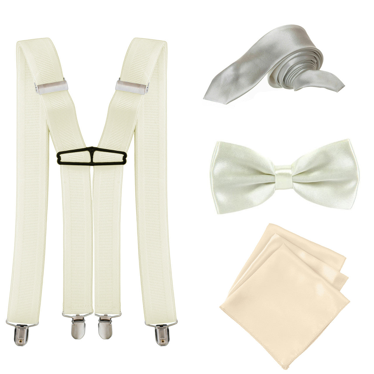 Beige Handkerchief, Bow Tie, Neck Tie & Brace Set