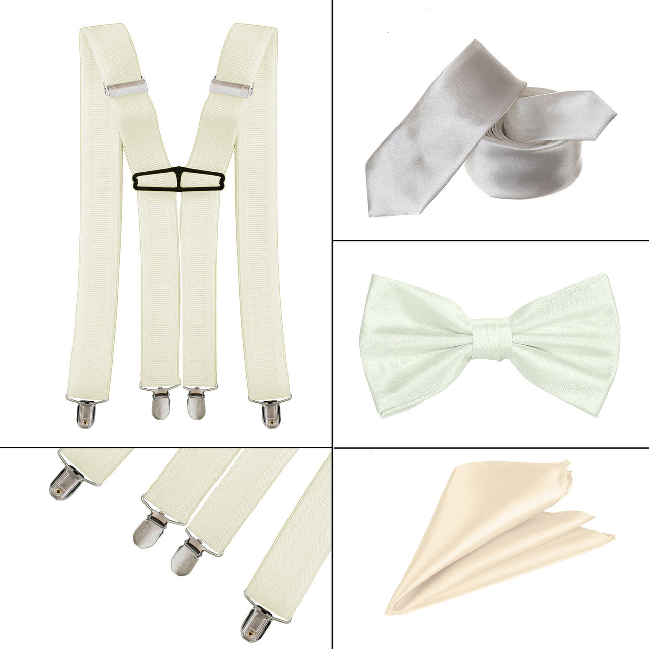 Beige Handkerchief, Bow Tie, Neck Tie & Brace Set