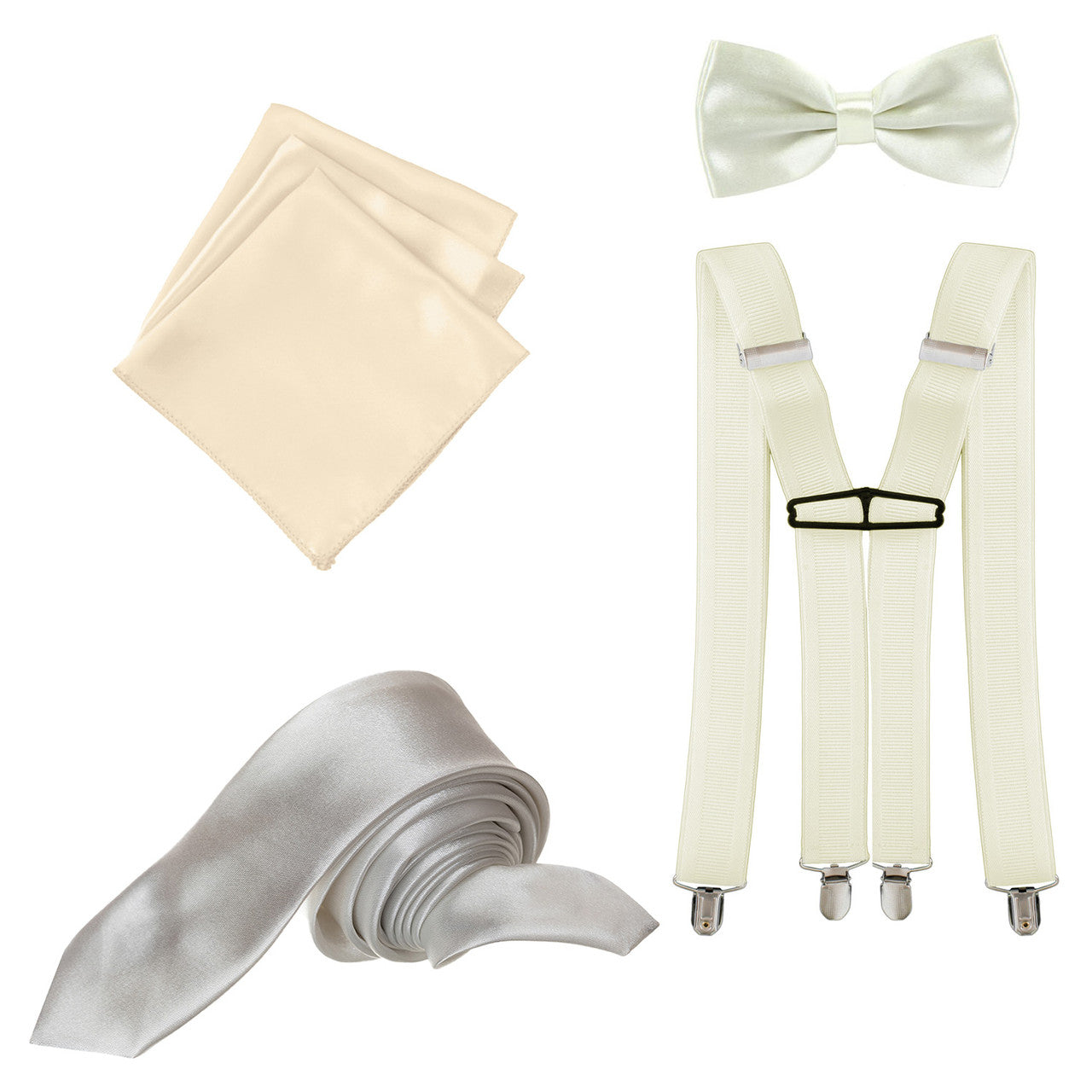 Beige Handkerchief, Bow Tie, Neck Tie & Brace Set