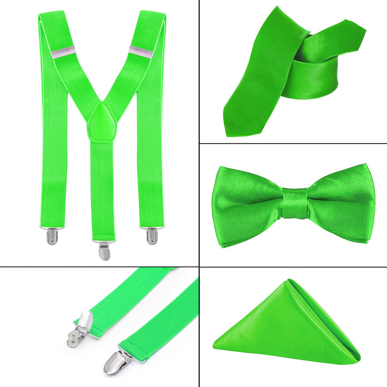 Lime Green Handkerchief, Bow Tie, Neck Tie & Brace Set