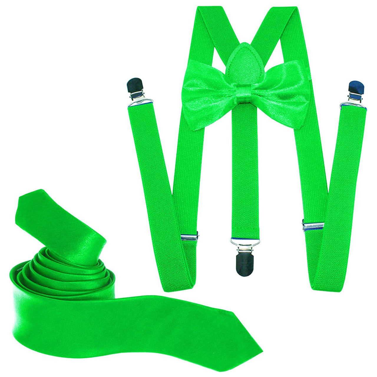 Lime Green Handkerchief, Bow Tie, Neck Tie & Brace Set