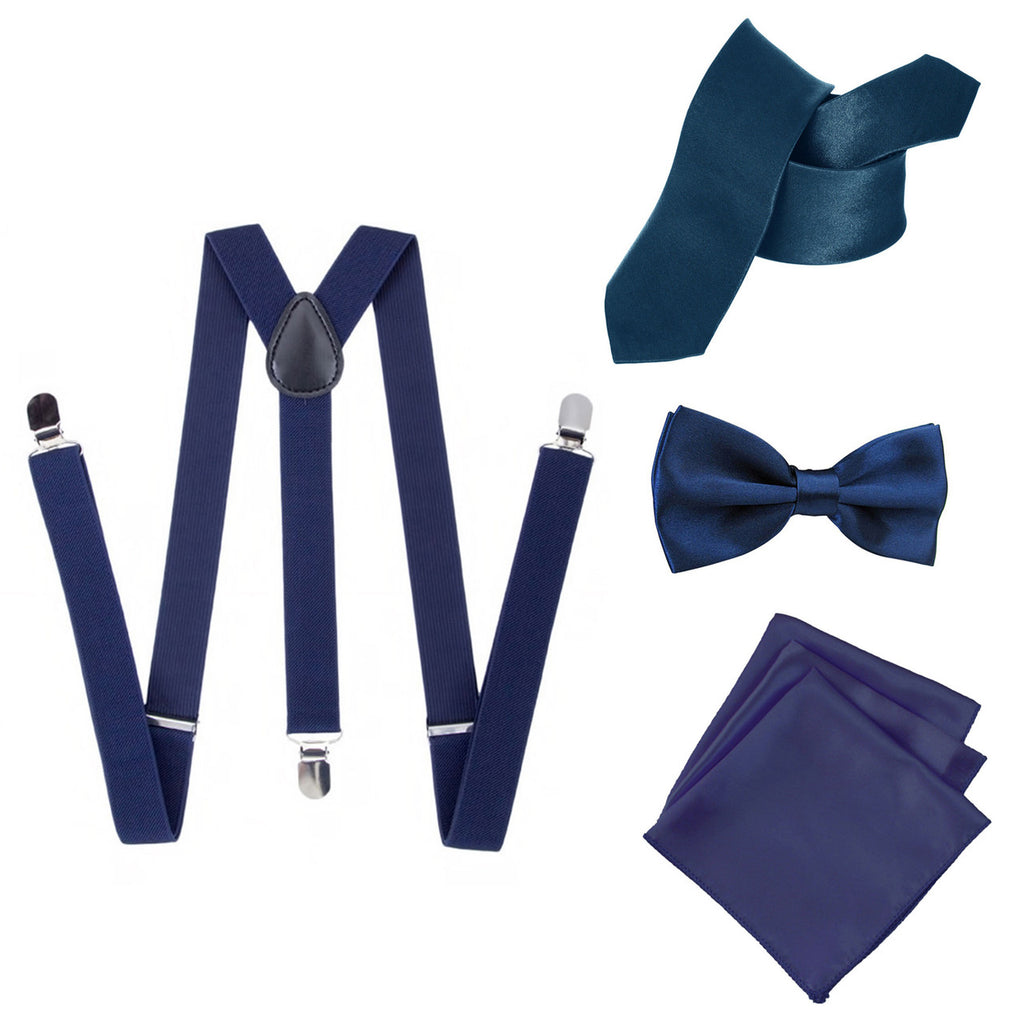Navy Handkerchief, Bow Tie, Neck Tie & Brace Set