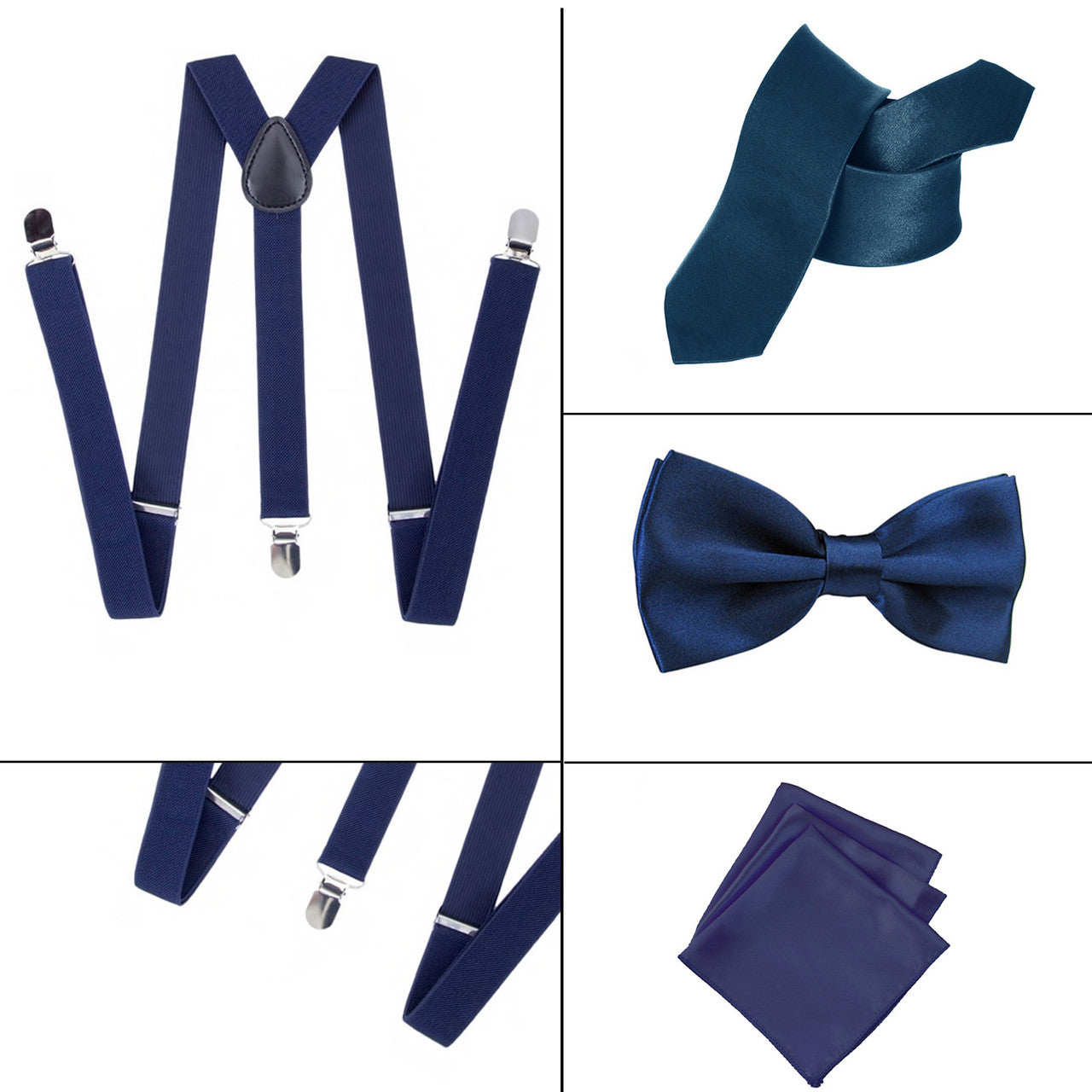 Navy Handkerchief, Bow Tie, Neck Tie & Brace Set