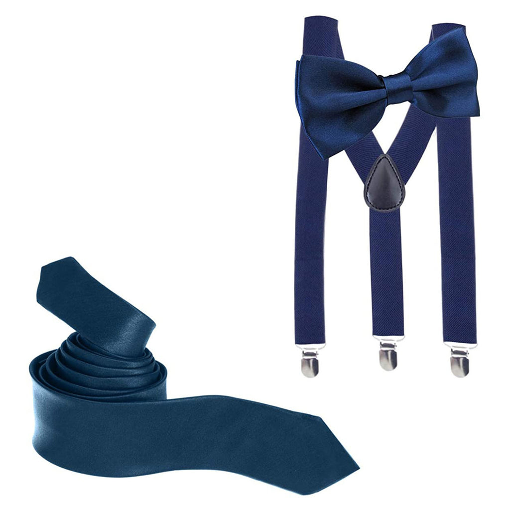 Navy Handkerchief, Bow Tie, Neck Tie & Brace Set
