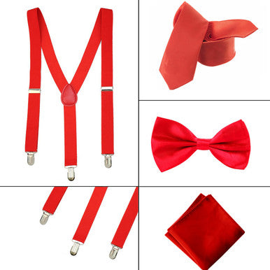 Red Handkerchief, Bow Tie, Neck Tie & Brace Set