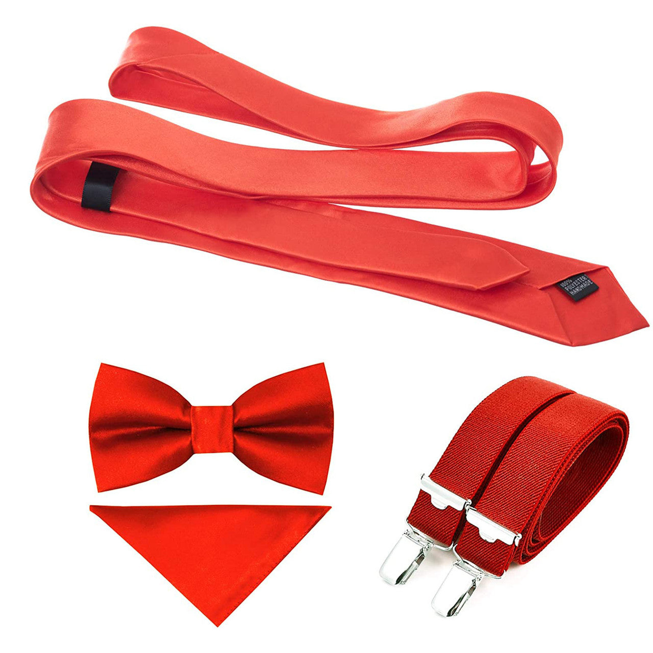 Red Handkerchief, Bow Tie, Neck Tie & Brace Set
