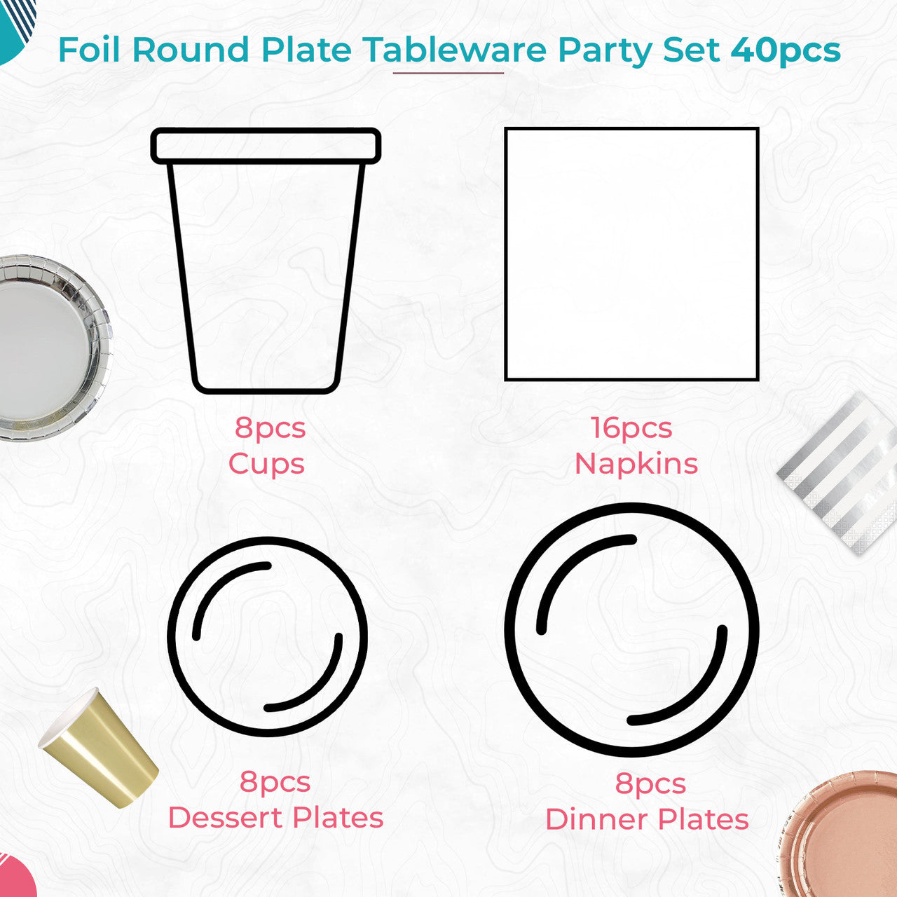 Round Plate Tableware Party Set (Pack of 40) - Gold Foil