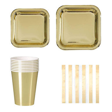 Square Plate Tableware Party Set (Pack of 40) - Gold Foil