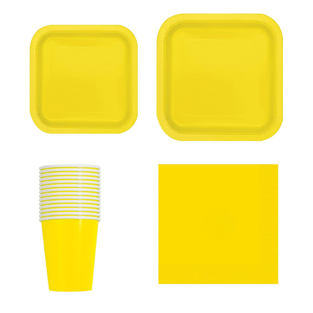 Square Plate Tableware Party Set (Pack of 64) - Neon Yellow