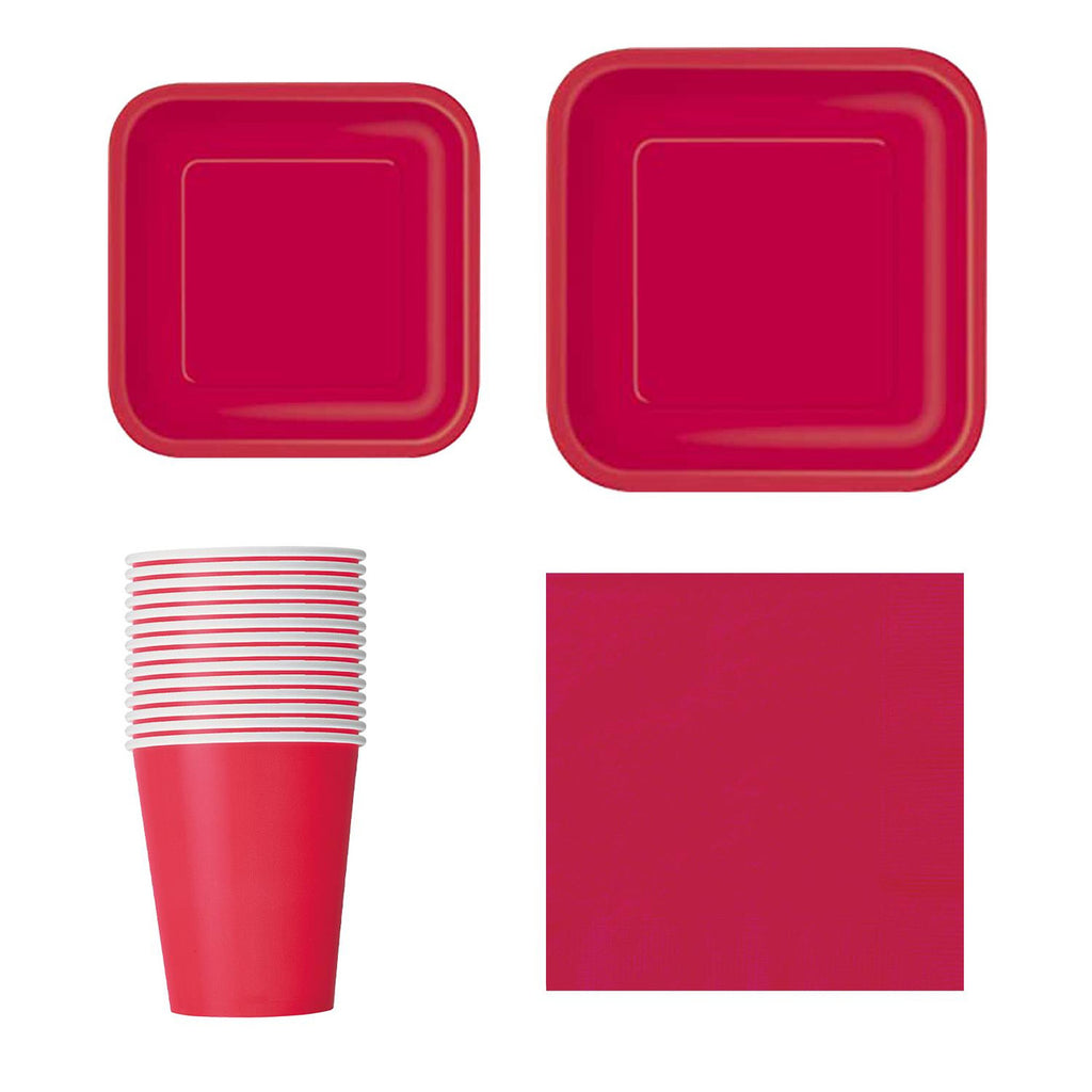 Square Plate Tableware Party Set (Pack of 64) - Ruby Red