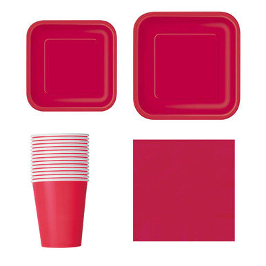 Square Plate Tableware Party Set (Pack of 64) - Ruby Red