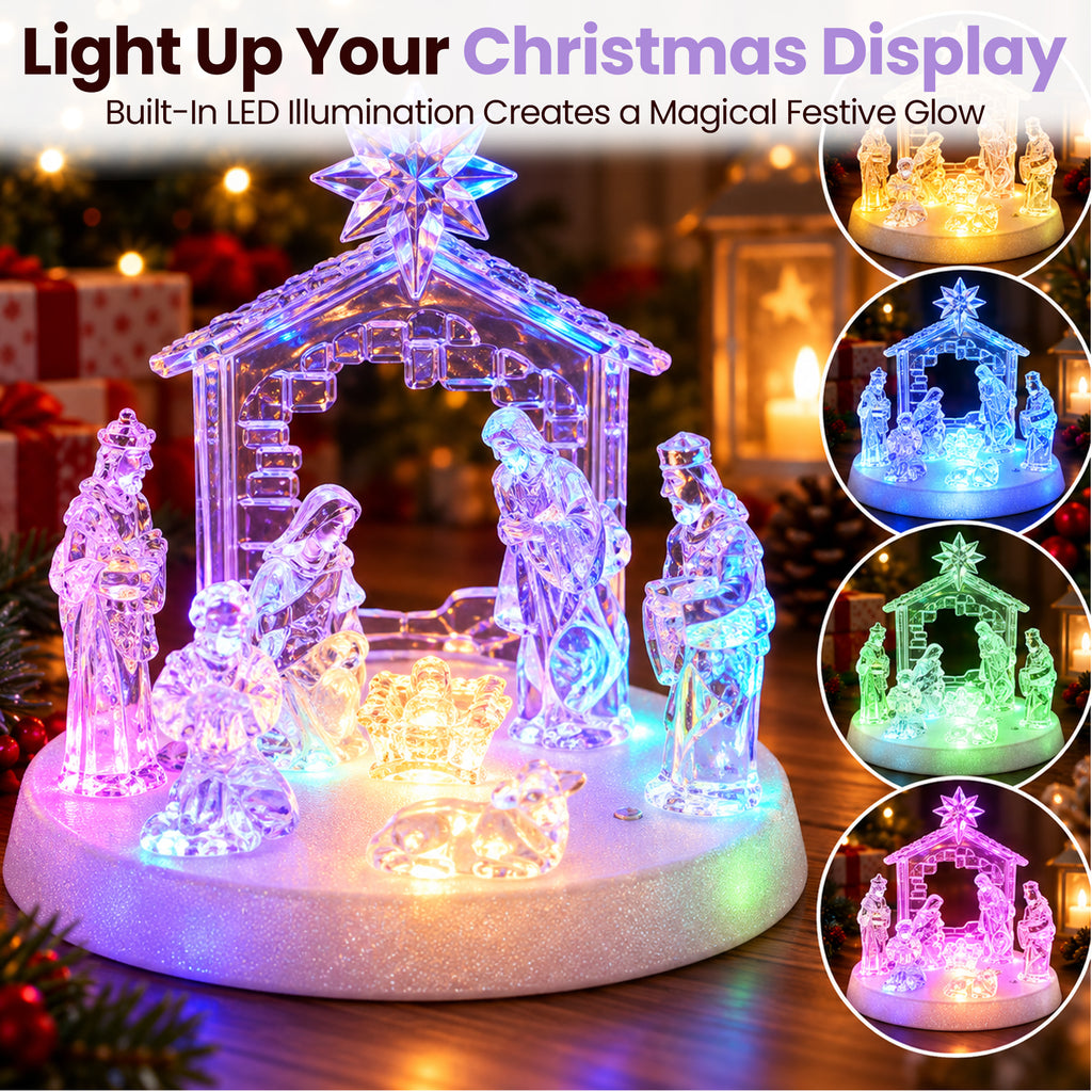 Acrylic Nativity Scene with LED Lights, Music & Auto-Changing Glow