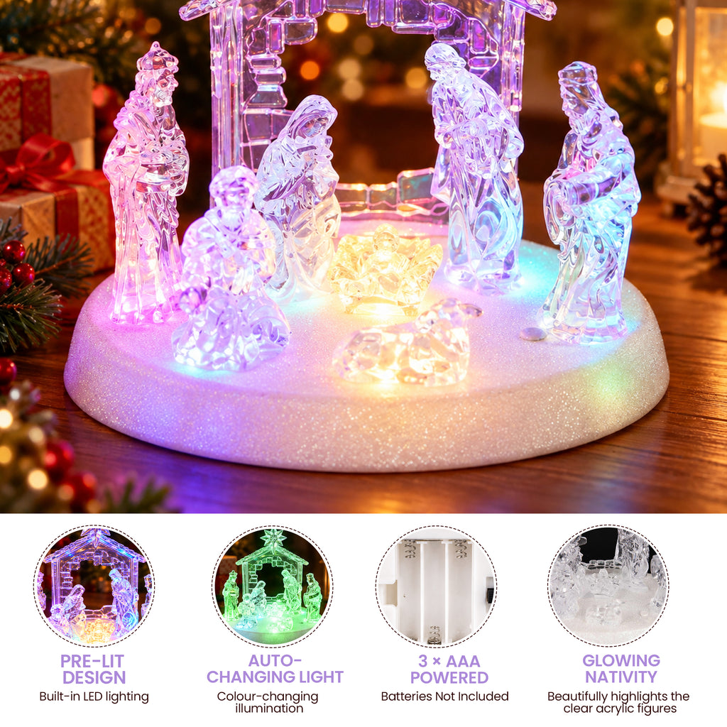 Acrylic Nativity Scene with LED Lights, Music & Auto-Changing Glow