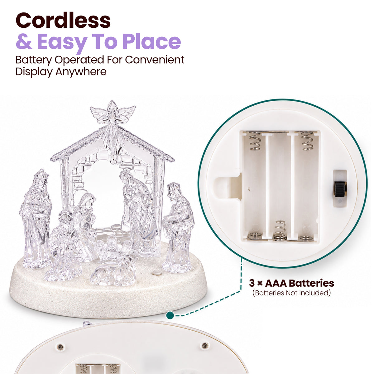 Acrylic Nativity Scene with LED Lights, Music & Auto-Changing Glow